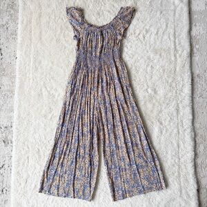 Patrons of Peace Woman Floral Ruffle Off Shoulder Smocked Wide Leg Jumpsuit Boho